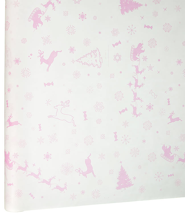 Изображение Новогодняя бумага для упаковки цветов и подарков белая Олень розовый 