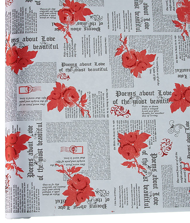 Изображение Бумага для упаковки цветов и подарков белая Розы красные