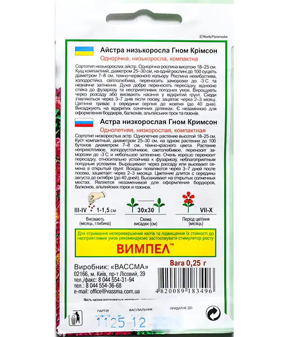 Семена цветов Астра Гном Кримсон Низкорослая