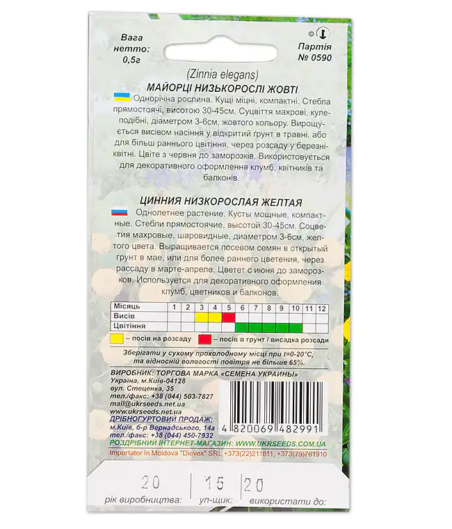 Семена цветов Цинния Низкорослая Желтая