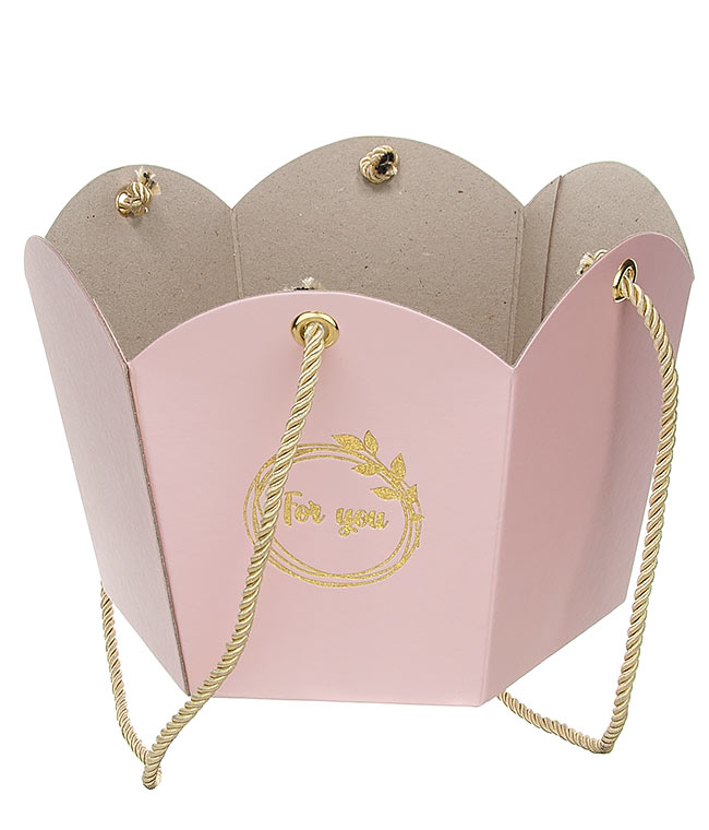 Изображение Коробка бумажная для цветов шестигранная светло-розовая Конус с ручками h16