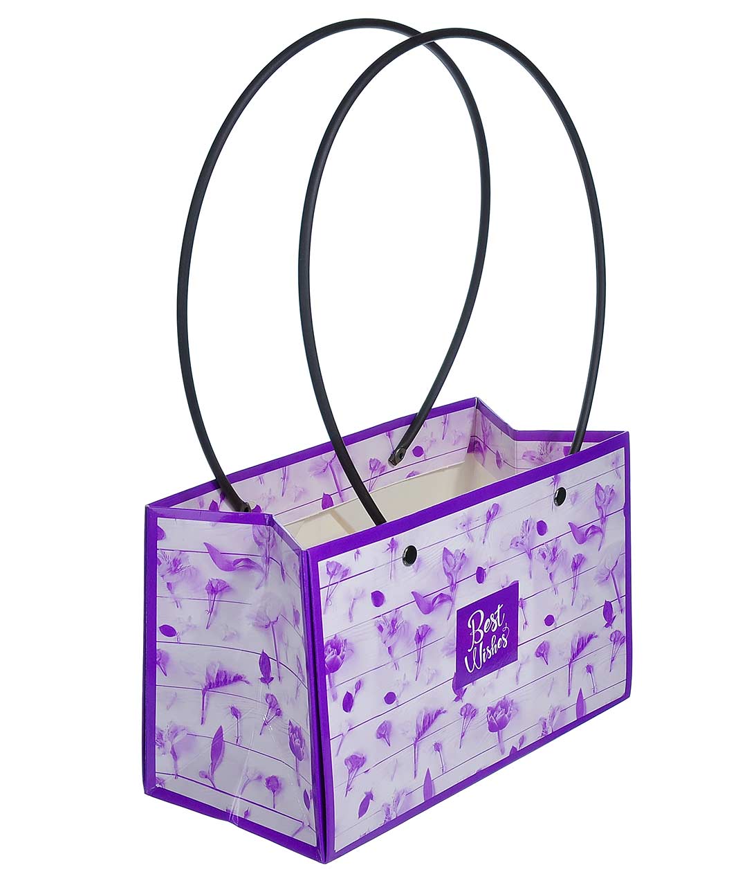 Изображение Сумка для квітів паперова Прямокутна ручки пластик Сухоцвіти фіолетово-білий