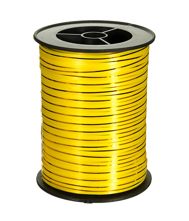 Изображение Лента полипропиленовая на бобине желтая с золотой полоской металлик 5мм