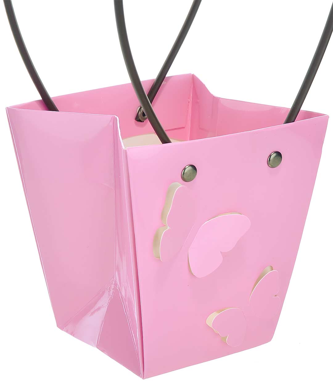 Изображение Сумка для цветов бумажная Бабочки ручки пластик сирень розовая